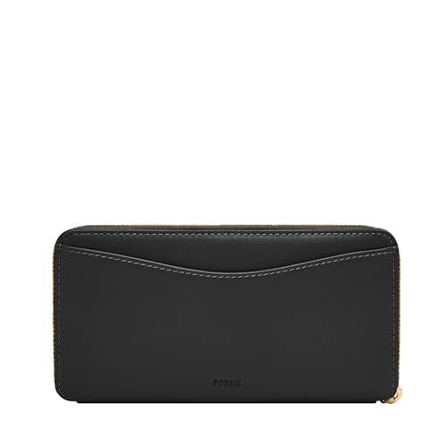 Image of Fossil Women's Wallet, Lennox Leather Zip Around Clutch Wallet for Women, Black
