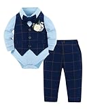 YUEMION Baby Boy Clothes Suit Infant Gentleman Wedding Outfit Formal Dress Shirt+Vest+Tie+Corsage+Pants 5Pcs Tuxedo Set（0-3 Months，White and Royal Blue）