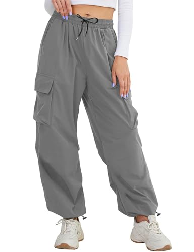 Buauty Womens Cargo Pants, Black Baggy Parachute Pants with