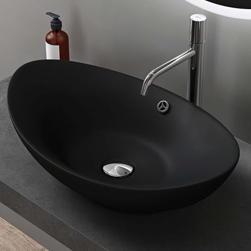 doporro Lavabo à Poser Noir Mat Vasque en Céramique Lave Mains Ovale de Qualité pour Salle de Bain 59x38,3x19,2cm Bruxelles818