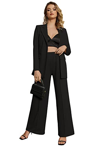 EXTRO&VERT Women Suit Two Pieces Outfit Long Sleeve Business Casual Blazer Jacket with Wide Leg Pant Suit Set for Work