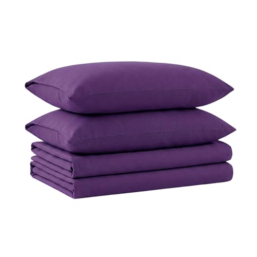 Image of Tribeca Living Triple Brushed Soft Cotton Flannel Sheets Set, Cal King Size 170-GSM Weight Extra Deep Pocket Sheet in Solid Purple Color