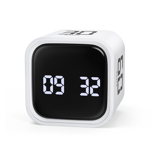 ORIA Digital Timer, Cube Pomodoro Timer with Gravity Sensor, 5/10/30/60 Min Quick Set & Custom Countdown, LED Display, 3 Volume Levels for Studying, Meeting, Cooking, Time Management - White