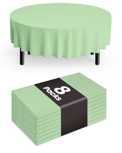 Pureegg Plastic Table Cloth Disposable 8 Pack, 84'' Round Table Cloths, Easter Party, Decorative Tablecloths, Round, Light, Pastel Plastic Cover, Leakproof & Sturdy, Sage Green