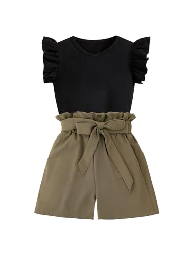 Image of Girls 2 Piece Outfits Summer Ruffle Sleeve Top and High Waisted Striped Shorts Set, Cute Casual Clothes for Girls 7-14 Black Green 9-10 Years