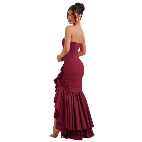 Image of Women's Sexy Strapless Backless High Split Long Maxi Dress Ruched Off Shoulder Sleeveless Bodycon Party Cocktail Dresses