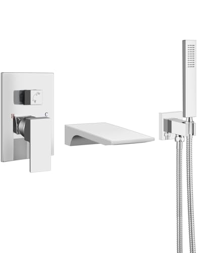Aolemi Wall Mount Bathtub Faucet,Tub Faucet Set Waterfall Wall Mounted Tub Filler with Handheld Sprayer Single Handle,Polish Chrome