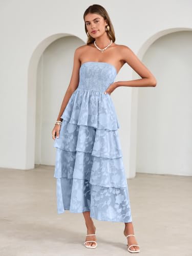 Image of Simplee Womens Summer Strapless Maxi Dress 2026 Boho Floral Off Shoulder Wedding Guest Dresses Tiered Beach Long Sundress