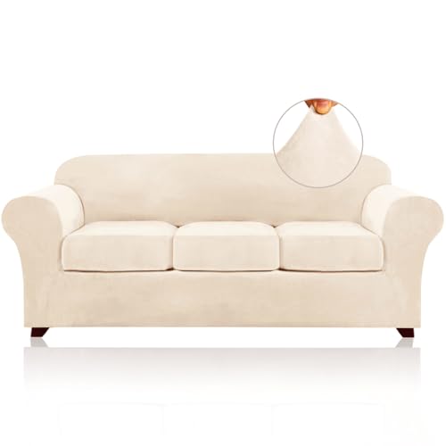 PrinceDeco Velvet Couch Covers for Sofa Soft 4 Pieces Couch Covers for 3 Cushion Couch Sofa Pet Friendly Furniture Protector with Non Slip Elastic Bottom Width Up to 90 Inch (Large, Cream)