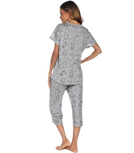 Image of ENJOYNIGHT Womens Pajama Sets Cotton Pj Set Short Sleeve Top With Capri Pants Sleepwear 2 Piece Lounge Set