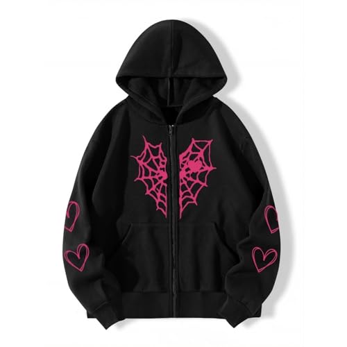 Oversized Y2K Zip Up Hoodie for Women Men Gothic Spider Web Heart Graphic Sweatshirt Punk Harajuku Alt Emo Streetwear (Rose Pink M)