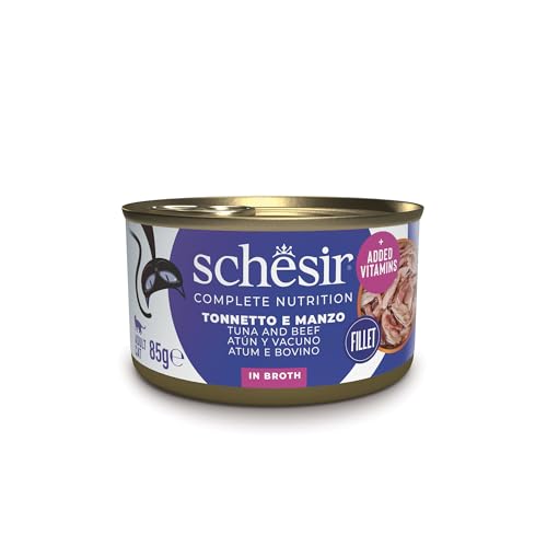 Schesir, Filetes de Atún con Ternera en Gelatina, Alimento Húmedo Completo para Gatos, En Lata, Ingredientes 100% Naturales, Cruelty Free, 12 x 85g