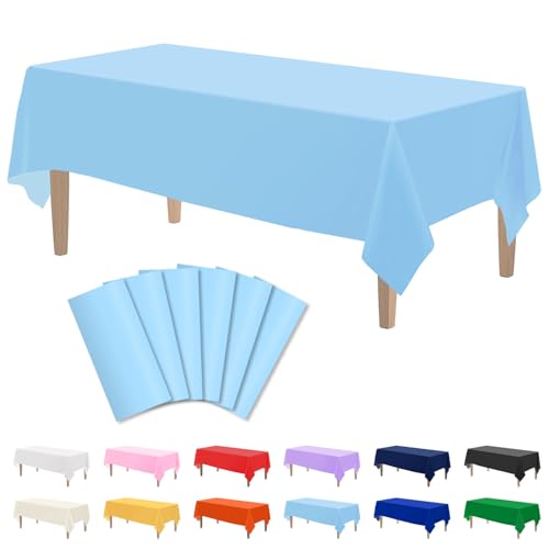 Image of Kopokita 6 Pack Light Blue Plastic Tablecloths Disposable 54 x 108 Inch | Rectangle Table Cloths, Party Table Covers for Birthday, Wedding, Bridal, Baby Shower