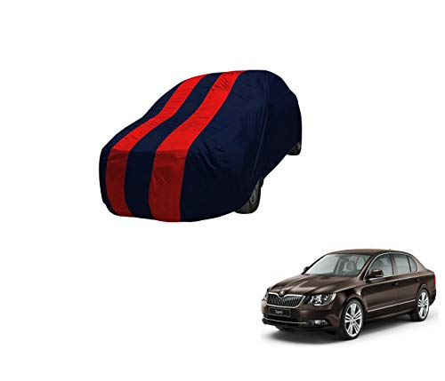 Image of Auto Hub Car Cover Compatible with Superb with Mirror Pocket,Triple Stitched, Weather Proof, Superb Car Cover- Navy-Red