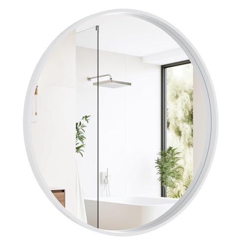 Image of WallBeyond Round Wood Mirror 28 inch Circle Wall Mirror for Bathroom Round Wall Mirror for Wall Decor, Vanity, Entryway Living Room (White)