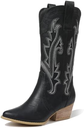 femflame Womens Cowboy Boots for Women Pointed Toe Chunky Heel Mid Calf Cowgirl Boot Embroidered Western Boots