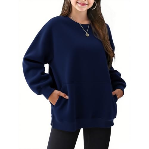 Girls Crew Neck Sweatshirt Loose Long Sleeve Fall Pullover Shirts Fashion Fleece Drop Shoulder Sweatshirt Cute Clothes