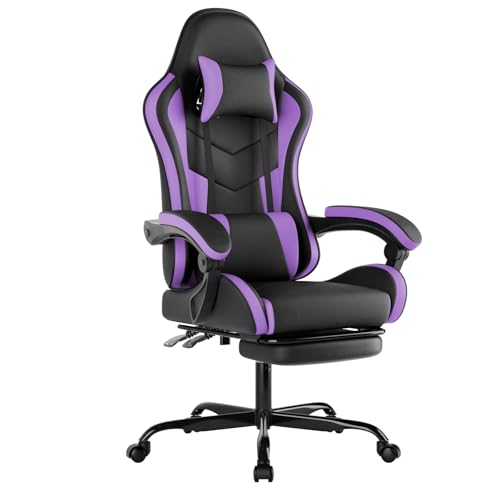 NIONIK Gaming Chair with Footrest, Ergonomic Gaming Chair Racing Style Adjustable Height High-Back PC Computer Chairs, Video Game Chairs with 360°-Swivel Seat and Headrest, Black Purple