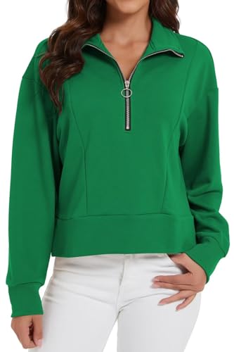 ZOOMOON Womens Sweatshirts Half Zip Cropped Fleece Quarter Zip pullover Hoodies Fall Outfits 2024 Winter Clothes Green XL