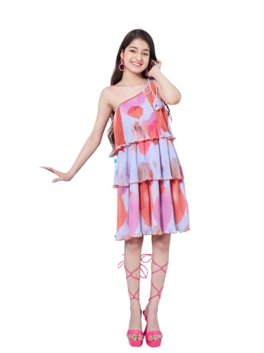 Pspeaches Girl's Abstract Printed One Shoulder Style Georgette A-Line Dress Trandy Stylepurple Color Fashionista Choice Eye-Catching Print (13-14Years)