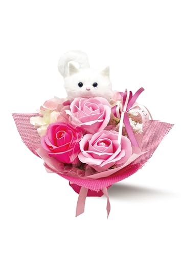 [ ギフトバッグ付き ] ソープフラワー ブーケ 造花 母の日 母の日ギフト ギフト 花束 ねこ 猫 ネコ ピンク レッド 誕生日プレゼント ギフト お祝い 贈り物 マスコット卒業式 卒業 合格 入学 高さ約20㎝ 幅約18㎝ (ソープブーケ 白ネコPi(HZD-9584A))（Amazon）