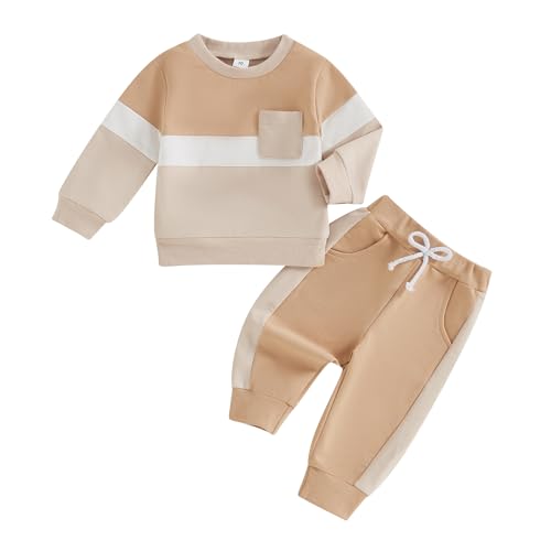Motlapol Toddler Baby Boy Fall Clothes Color Block Long Sleeve Sweatshirt Tops Solid Color Pants 2Pcs Winter Warm Outfits (Patchwork Khaki, 12-18 Months)