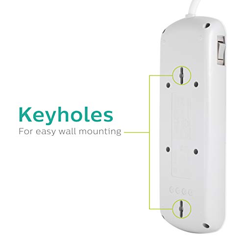 Image of Philips 8 Outlet Power Strip Surge Protector, 8ft Extra-Long Power Cord, Flat Plug, Wall Mount, 2160 Joules, ETL Listed, Circuit Breaker, Automatic Shutdown, White, SPP3086WB /37