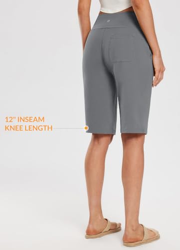 Image of baleaf Women's 12 inch Long Bermuda Shorts High Waisted Knee Length Cotton Shorts Pockets Casual Work Lounge