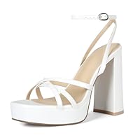 Abbleet Salto plataforma feminino com tiras bloco de tiras salto alto grosso bico aberto tira no tornozelo sandálias moda cadarço festa de casamento noite baile dança sapatos, Branco-25new, 35