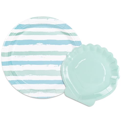 JarThenaAMCS 50 Pcs Seashell Paper Plates Summer Coastal Disposable Plate Beach Theme Green Stripe Dessert Appetizer Plate Decorative Tableware for Holiday Party Decor Supplies
