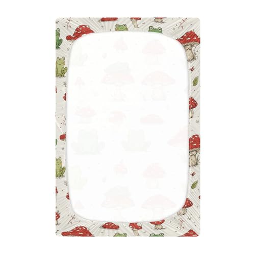 Image of Retro Frogs Mushrooms Crib Sheets Soft Breathable Fitted Baby Crib Sheets Mattress Cover for Girls Boys, 52 inch x 28 inch x 9 inch