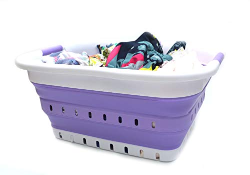 Image of SAMMART Collapsible 3 Handled Plastic Laundry Basket - Foldable Pop Up Storage Container /Organizer - Portable Washing Tub - Space Saving Hamper /Basket (3 handled rectangular, White /Lt. Purple)