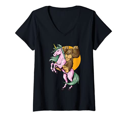 Donna Bigfoot Riding Unicorn Fantasy Cryptid Rainbow Cryptozoology Maglietta con Collo a V