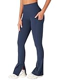 YEOREO Women Mini Flare Split Hem Leggings with Pockets Tummy Control Workout Leggings Anilnia Hidden Scrunch Gym Yoga Pants Dark Blue