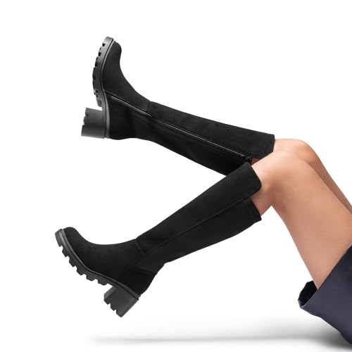 DREAM PAIRS DREAM PAIRS Women's Knee High Boots, Comfortable Platform Round Toe Stretch Boots for Women,Size 7,Black-Suede,SDKB2310W