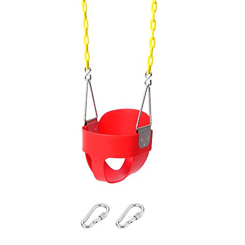 Take Me Away High Back Full Bucket Toddler Swing Seat with Yellow Coated Swing Chains Fully Assembled - Heavy-Duty Swing (Red)