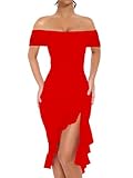 BORIFLORS Women's Sexy Off The Shoulder Bodycon Midi Dresses Elegant Ruched Ruffle Hem Cocktail Party Dress, X-Large, Red