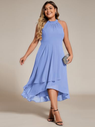 Image of Ever-Pretty Plus Women's Sleeveless Halter A Line Pleated High Low Plus Size Wedding Guest Cocktail Dresses 31926-DA