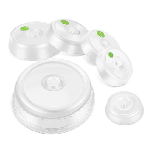 Image of Flexzion Microwave Plate Covers Set of 5 - BPA-Free Microwave Cover with Adjustable Steam Vent, Dishwasher Safe Microwave Splatter Cover, Transparent Plastic Food Covers for Microwave Cooking