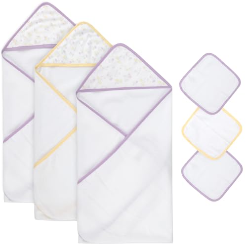 Image of Jessica Simpson Baby 6-Piece Hooded Towel & Washcloth Set - Soft Polyester Baby Bath Towels - Butterfly & Lavender Floral Prints