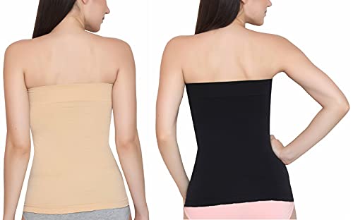 GLAMORAS® Women's Nylon Spandex Long Bandeau Tube Top Inner Camisole Non Padded Wire Free Seamless Strapless Stretchable Bralette - Free Size Pack of 2
