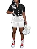 Two Piece Outfits for Women Varsity Sweatsuit Patchwork Button Down Bomber Jacket and Skinny Shorts