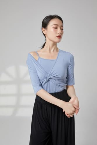 HEARTTOUCH Women Ballet Wrap Top Modern Dance Yoga Shirts Workout T Shirt Slim Fit Gym Tops Sport Pullover Shirts (B Blue,Medium)