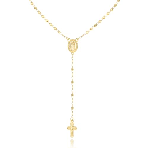 Virgin Mary Necklace for Women - 14K Gold Plated Rosary Bead Cross Necklace, Adjustable Gold Y Chain Crucifix Necklace, Religious Catholic Prayer Beads Jewelry for Women