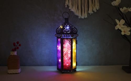 DECORKEY Ramadan Decorations, Candle Lanterns Decorative Indoor & Outdoor, 14.4'' Vintage Moroccan Hanging Lantern with 6 Colors Glass, Metal Candle Holder for Home Front Porch Patio Decor