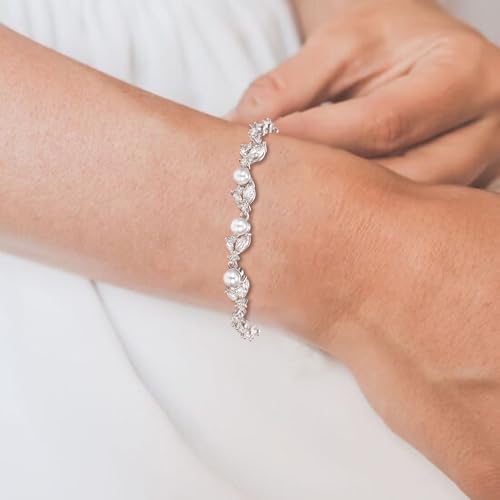 Crysdue Cubic Zirconia Simulated Pearl Bridal Wedding Leaf Filigree Tennis Bracelet for Brides Bridesmaid Birthday Mothers Christmas Valentines Day Jewelry Gifts for Women3