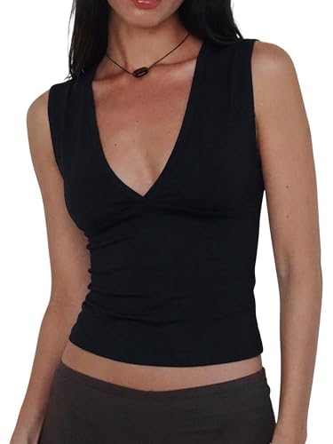Women Deep V Neck Tops Sexy Sleeveless Crop Top Stretchy Trendy Going Out Tank Top Cute Summer Clothes Black