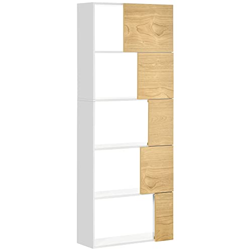 HOMCOM Estantería Librería de 5 Niveles Estantería para Libros con 5 Puertas y Compartimentos Abiertos para Salón Dormitorio Estudio 63x22x166 cm Blanco y Natural