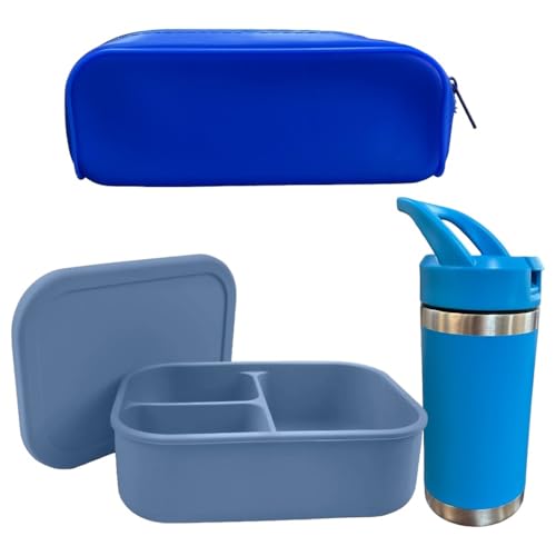 Image of pencil pouch pencil case silicone pencil case (Blue set-Lunch box+12oz bottle+Pencil case)
