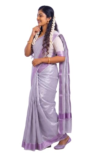 Image of Kerala Traditional Tissue Saree for Women with Running Blouse | South Indian Ethnic Saree for Weddings Onam Vishu Temple Wear & Festivals